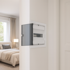 لوحة توزيع ١٢ خط | درجة حماية آي بي ٤٠، تيار ٦٣ أمبير، مادة أ بي إس المقاومة، مع غطاء شفاف  ‎12-line panel board | IP40 rating, 63 A current, impact-resistant ABS material, with transparent cover‎