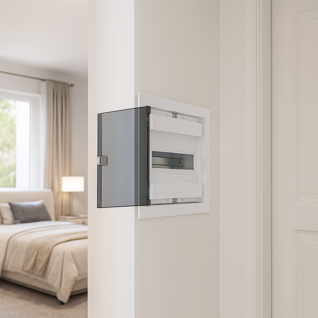 لوحة توزيع ١٢ خط | درجة حماية آي بي ٤٠، تيار ٦٣ أمبير، مادة أ بي إس المقاومة، مع غطاء شفاف  ‎12-line panel board | IP40 rating, 63 A current, impact-resistant ABS material, with transparent cover‎