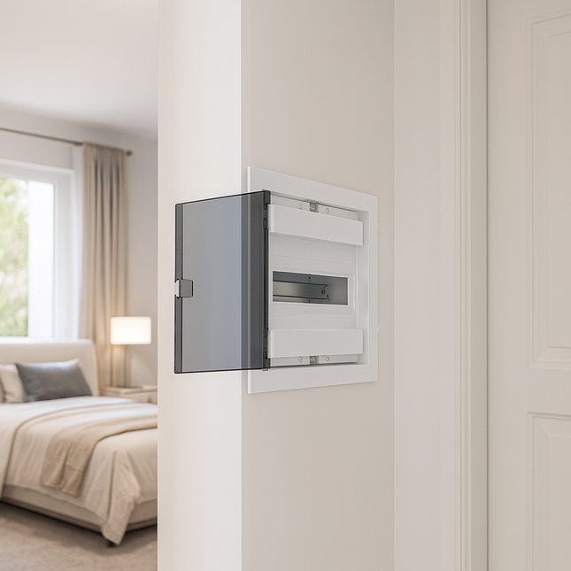 لوحة توزيع ١٢ خط | درجة حماية آي بي ٤٠، تيار ٦٣ أمبير، مادة أ بي إس المقاومة، مع غطاء شفاف  ‎12-line panel board | IP40 rating, 63 A current, impact-resistant ABS material, with transparent cover‎