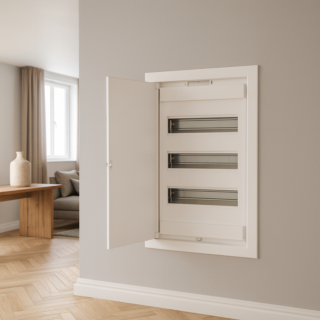 لوحة توزيع ٤٨ خط | درجة حماية آي بي ٤٠، ٦٣ أمبير، ٤٨+٨ موديول، غطاء أبيض صاج  ‎48-line panel board | IP40 rating, 63 A, 48+8 modules, white sheet-metal cover‎