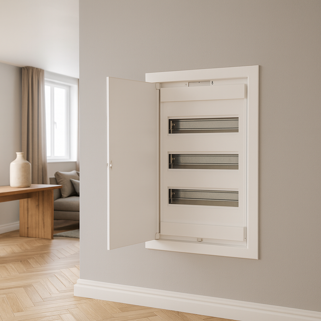 لوحة توزيع ٤٨ خط | درجة حماية آي بي ٤٠، ٦٣ أمبير، ٤٨+٨ موديول، غطاء أبيض صاج  ‎48-line panel board | IP40 rating, 63 A, 48+8 modules, white sheet-metal cover‎