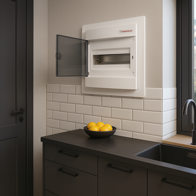 لوحة توزيع ١٢ خط | درجة حماية آي بي ٤٠، ٦٣ أمبير، ١٢ موديول، غطاء شفاف  ‎12-line panel board | IP40 rating, 63 A, 12 modules, transparent cover‎