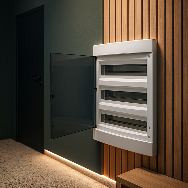 لوحة توزيع ٣٦ خط | درجة حماية آي بي ٤٠، ٦٣ أمبير، ٥٤ موديول (٣×١٨)، غطاء شفاف  ‎36-line panel board | IP40 rating, 63 A, 54 modules (3×18), transparent cover‎