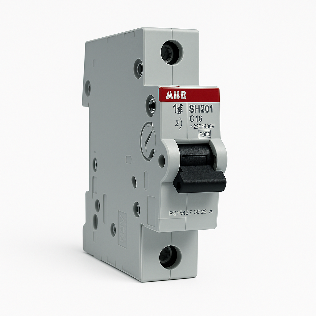 قاطع تيار مصغّر (إم-سي-بي) أحادي بتيار ١٦ أمبير، قدرة قطع ٦ كيلو أمبير (النوع سي) من إيه-بي-بي | قطب واحد، تركيب على سكة دين  ‎Single-pole MCB 16 A, 6 kA Type C by ABB | 1P, DIN-rail mounting‎