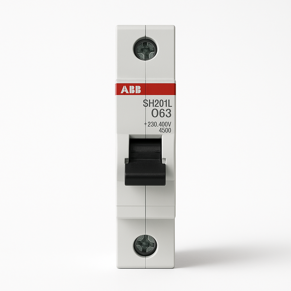 قاطع تيار مصغّر (إم-سي-بي) أحادي بتيار ٦٣ أمبير، قدرة قطع ٤٫٥ كيلو أمبير، من إيه-بي-بي  ‎63A 1P Miniature Circuit Breaker (MCB), 4.5 kA, ABB‎
