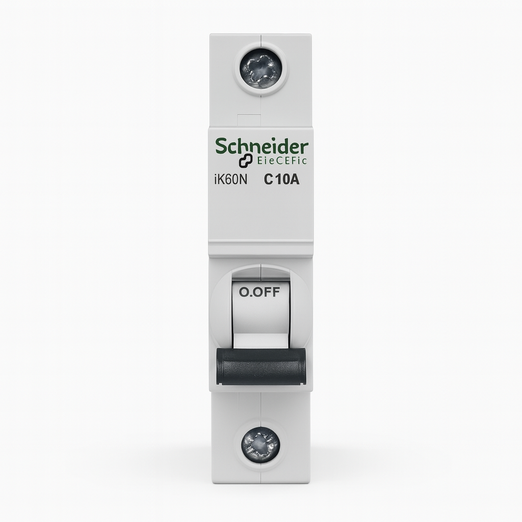 قاطع تيار مصغّر (إم-سي-بي) أحادي بتيار ١٠ أمبير، قدرة قطع ٦ كيلو أمبير، قطب واحد، من شنايدر إلكتريك  ‎10A 1P Miniature Circuit Breaker (MCB), 6 kA, Schneider Electric‎