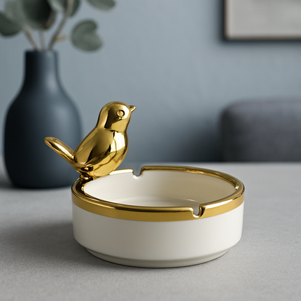 طفاية سجائر سيراميك فاخرة بتصميم الطائر الذهبي – أناقة راقية تناسب كل ديكور