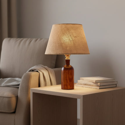 أباجورة طاولة كتان طبيعي – تشطيب بني ذهبي/بيج