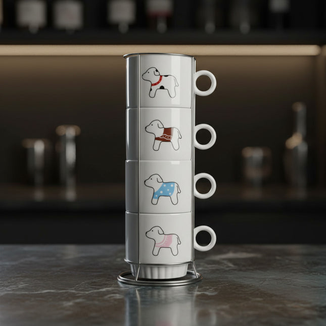 طقم 4 فناجين إسبريسو بورسلين مع حامل معدني رأسي