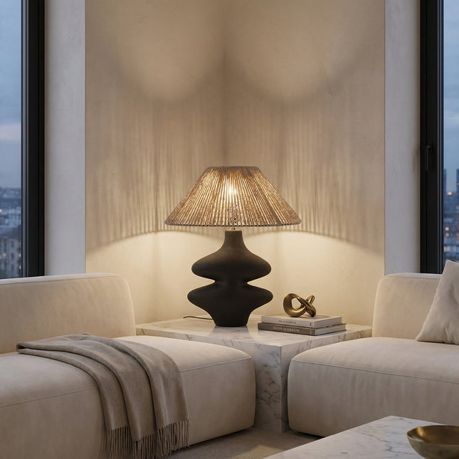 أباجورة ديكور فخار بخيوط طبيعية – لون أسود أنيق