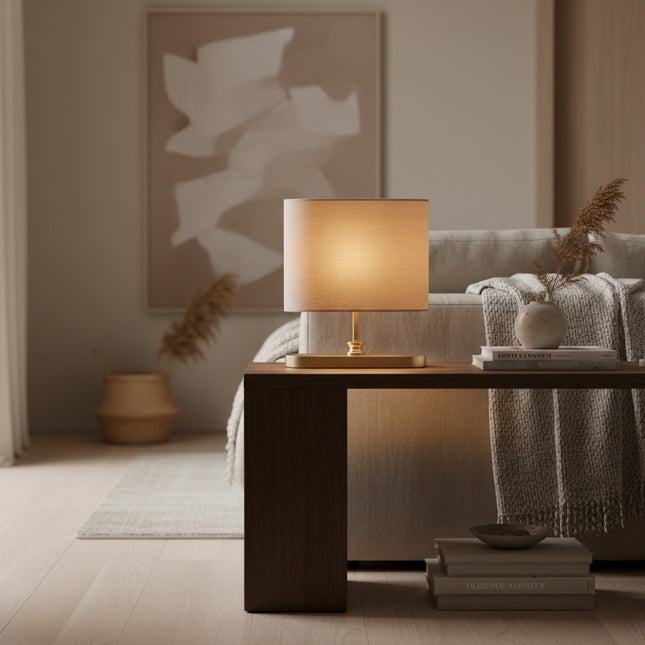 أباجورة طاولة قماش بيضاوي وقاعدة ذهبية