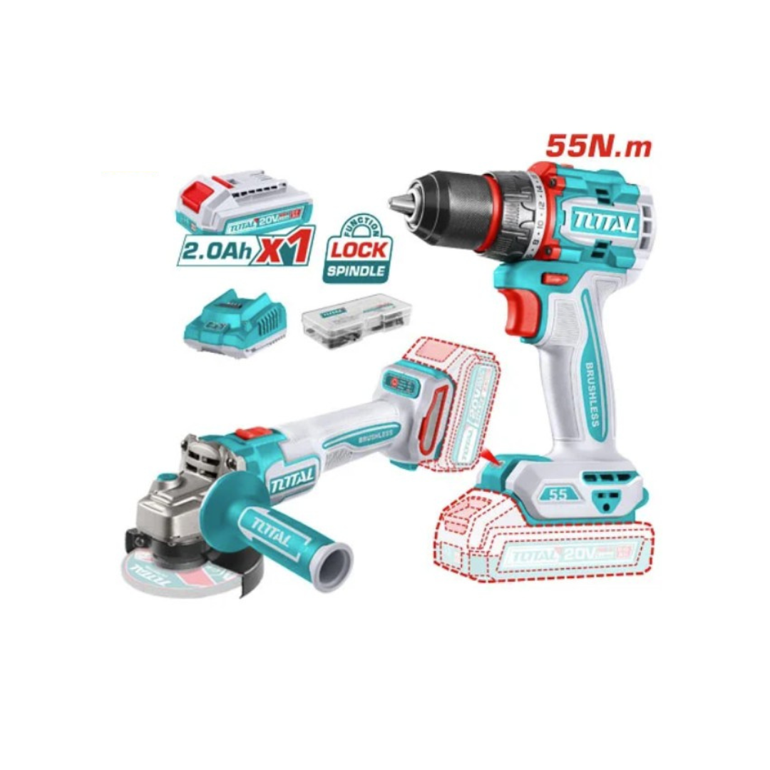 شنيور 55 نيوتن برشلس مع صاروخ 4.5 بوصة 20 فولت من توتال — Total 20V Brushless Drill (55 Nm) with 4.5-inch (115 mm) Angle Grinder