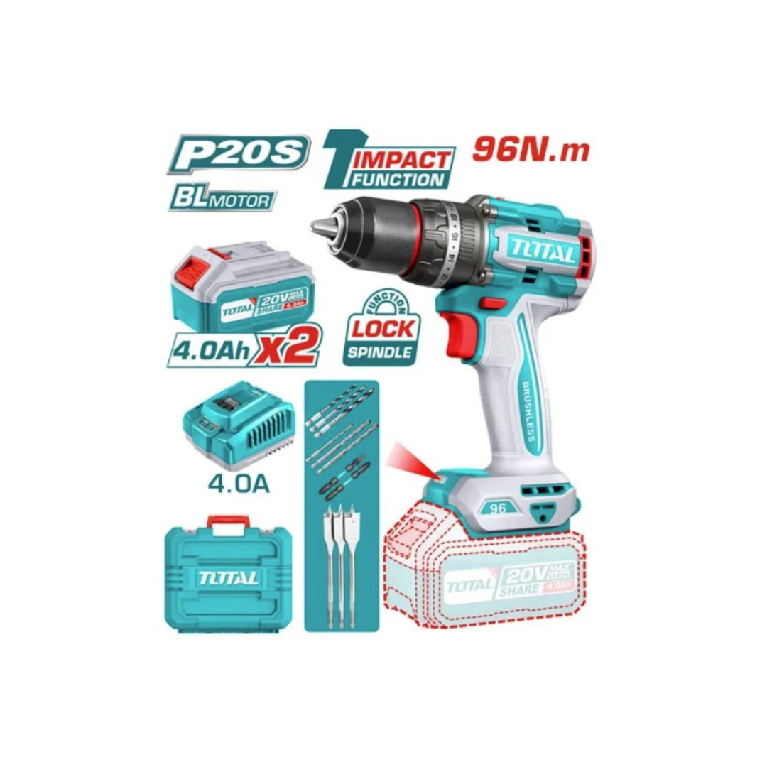 شنيور دقاق برشلس 96 نيوتن 20 فولت 13 مم من توتال TIDLI20968 — Total 20V Brushless Hammer Drill, 96 Nm, 13 mm (TIDLI20968)