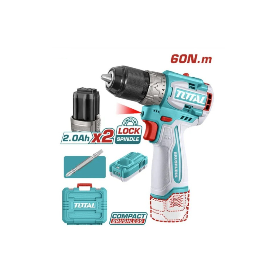 شنيور60 نيوتن برشلس ظرف معدن 2 بطارية توتال — Total Brushless Drill, 60 Nm, Metal Chuck, 2 Batteries