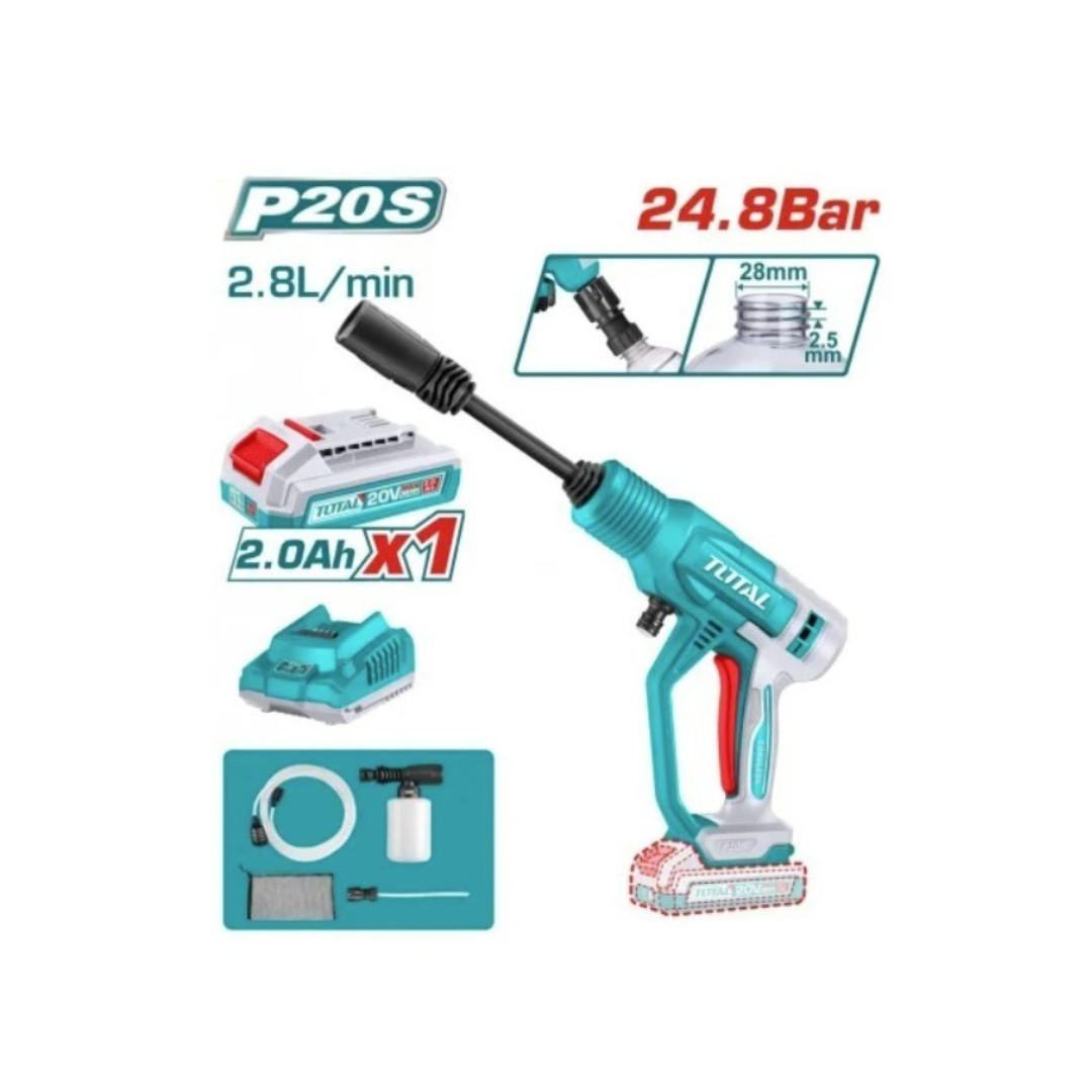 مغسلة غسيل 20 فولت 24.8 بار مع بطارية وشاحن من توتال — Total 20V Cordless Pressure Washer, 24.8 bar, with Battery & Charger