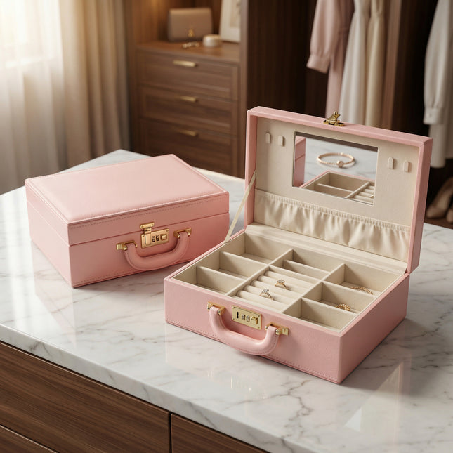 شنطة مجوهرات برقم سري ومرآة داخلية – طبقتان بأقسام متعددة للتنظيم