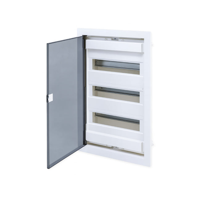 لوحة توزيع ٣٦ خط | درجة حماية آي بي ٤٠، تيار ٦٣ أمبير، ٣٦+٦ موديول، غطاء شفاف  ‎36-line panel board | IP40 rating, 63 A current, 36+6 modules, transparent cover‎