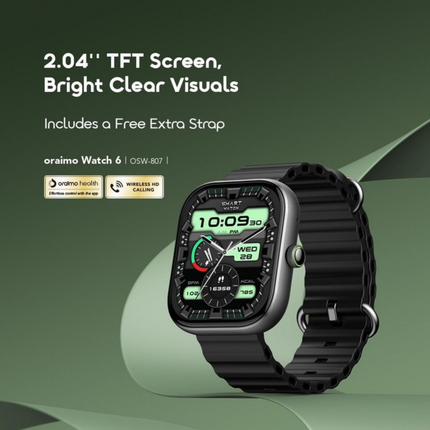 ساعة ذكية Oraimo Watch 6 OSW-807 بشاشة 2.04 بوصة | مكالمات بلوتوث HD | أكثر من 105 وضع رياضي | مقاومة للماء IP68 – أسود