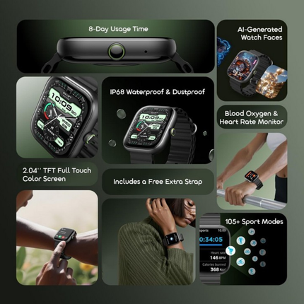 ساعة ذكية Oraimo Watch 6 OSW-807 بشاشة 2.04 بوصة | مكالمات بلوتوث HD | أكثر من 105 وضع رياضي | مقاومة للماء IP68 – أسود