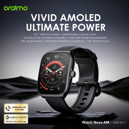 ساعة ذكية أورايمو نوفا AM OSW-812 بشاشة AMOLED 2.01 بوصة، مكالمات بلوتوث HD، بطارية 24 يوم، مقاومة للماء IP68 – أسود