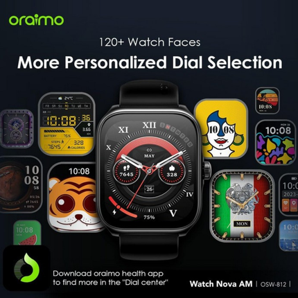 ساعة ذكية أورايمو نوفا AM OSW-812 بشاشة AMOLED 2.01 بوصة، مكالمات بلوتوث HD، بطارية 24 يوم، مقاومة للماء IP68 – أسود