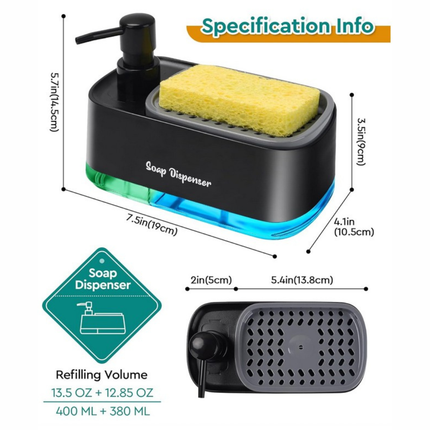 موزّع صابون بمضخّة مع حامل إسفنجة وخزان شفاف (أسود)