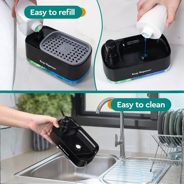 موزّع صابون بمضخّة مع حامل إسفنجة وخزان شفاف (أسود)