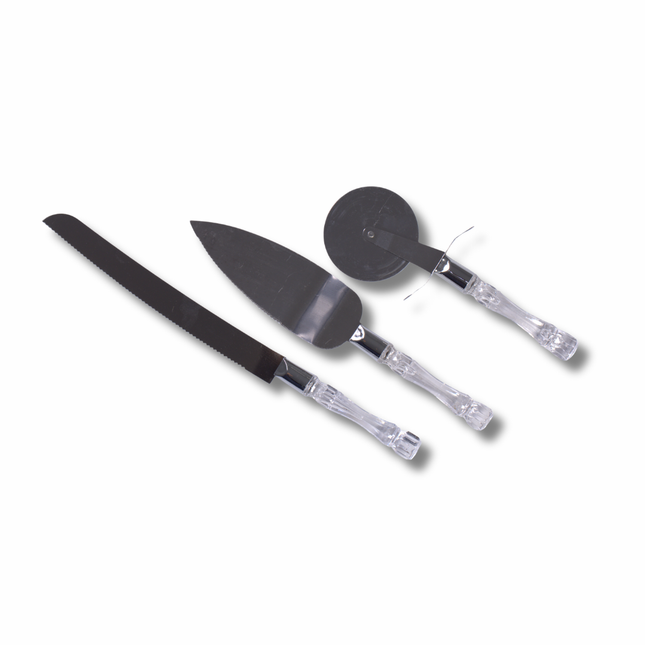 طقم تقطيع وتقديم 3 قطع – سكين مسنّن + مجرفة كيك + قطّاعة بيتزا بمقابض شفافة