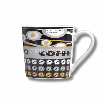 مج قهوة سيراميك بطباعة كوفي عصرية – أسود/رمادي مع لمسات ذهبية