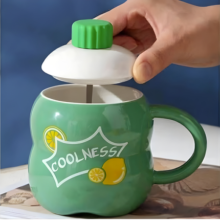 مَج سيراميك بغطاء محكم برسومات ليمون – لون أخضر “COOLNESS”