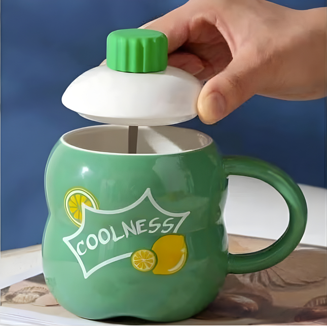 مَج سيراميك بغطاء محكم برسومات ليمون – لون أخضر “COOLNESS”
