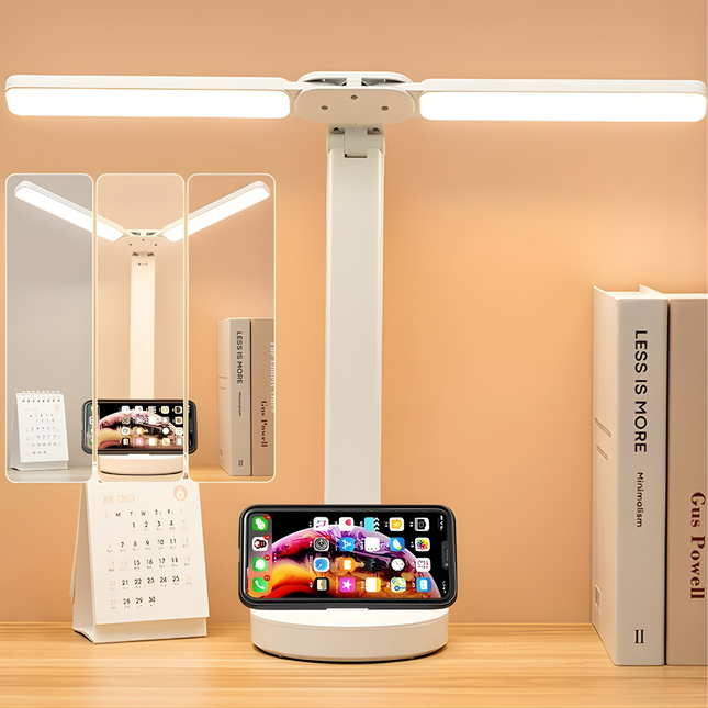 أباجورة مكتب ليد مزدوجة الرأس قابلة للشحن بلمس ذكي وحامل موبايل – حماية للعين، 3 ألوان إضاءة