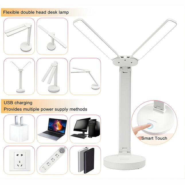 أباجورة مكتب ليد مزدوجة الرأس قابلة للشحن بلمس ذكي وحامل موبايل – حماية للعين، 3 ألوان إضاءة