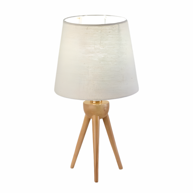 أباجورة طاولة عصرية – ظل قماش بيج/أوف وايت وقاعدة ثلاثية خشبية