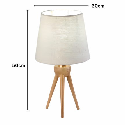 أباجورة طاولة عصرية – ظل قماش بيج/أوف وايت وقاعدة ثلاثية خشبية