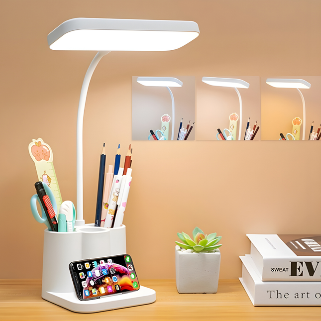 أباجورة مكتب ليد متعددة الاستخدامات مع حامل أقلام وحامل موبايل – رقبة مرنة 360° ولمس للتحكم و3 أوضاع إضاءة للعناية بالعين