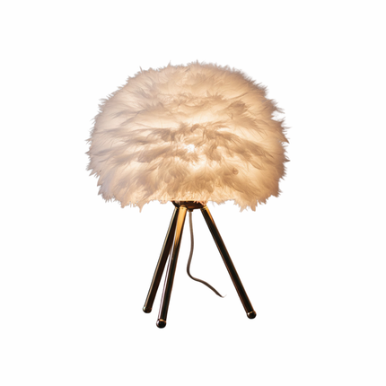 مصباح طاولة بريش نعام ليد بقاعدة ثلاثية ذهبية ولمس للتحكم – إضاءة ديكورية لغرفة النوم والمكتب