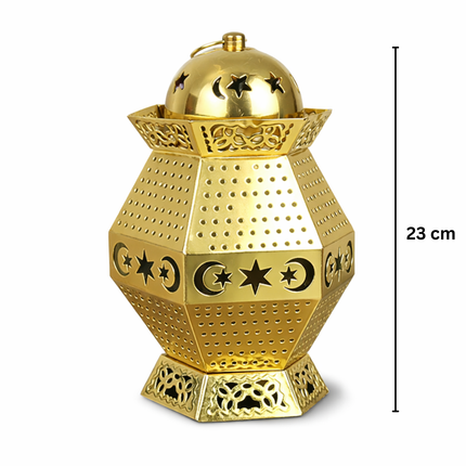فانوس رمضان معدني ذهبي مضيئ — حجم وسط (ارتفاع 23 سم)