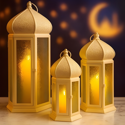 طقم فوانيس معدنية بقباب شرقية وزجاج مُثلَّج – 3 قطع (صغير/وسط/كبير)