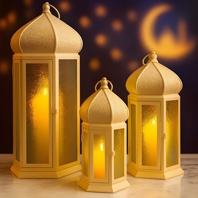 طقم فوانيس معدنية بقباب شرقية وزجاج مُثلَّج – 3 قطع (صغير/وسط/كبير)