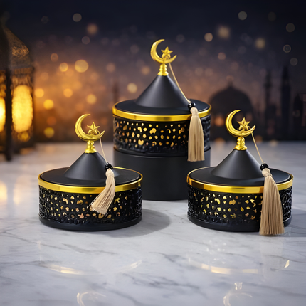 طقم تقديم معدني بزخارف شرقية – 3 قطع بغطاء هلال  (أسود/ذهبي)