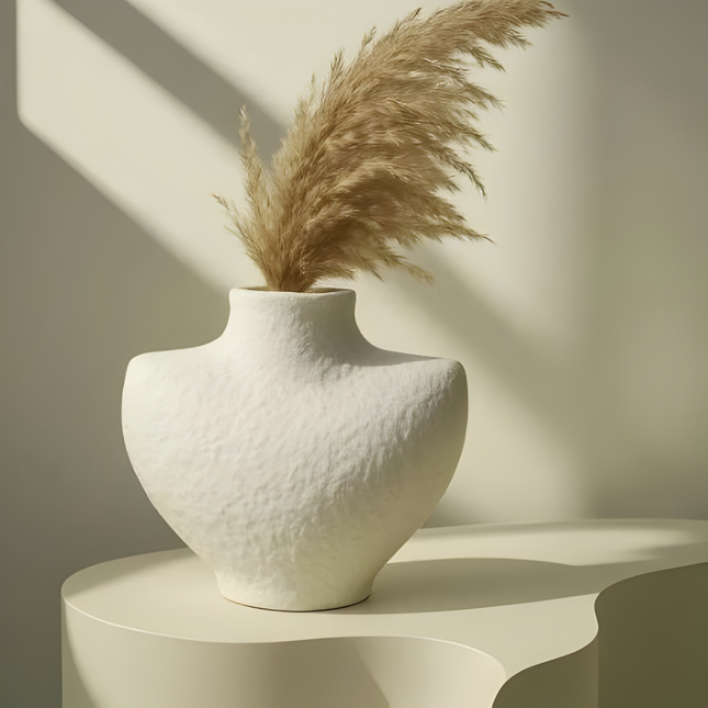 فازة ديكور بسطح مطفي مع باقة بامباس مجففة – أبيض عاجي