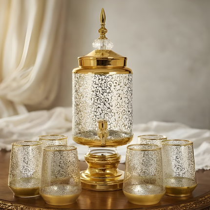 دسبنسر مشروبات زجاجي بزخارف ذهبية + 6 أكواب