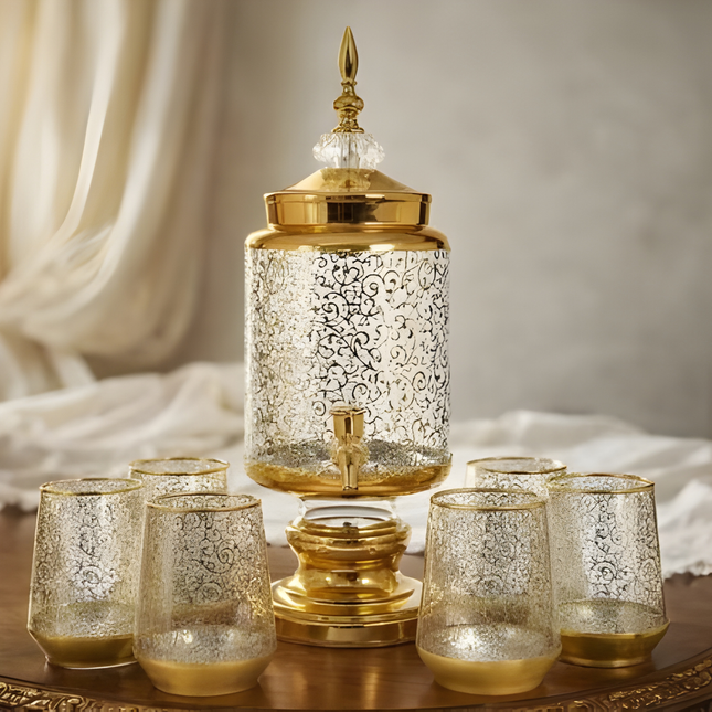 دسبنسر مشروبات زجاجي بزخارف ذهبية + 6 أكواب