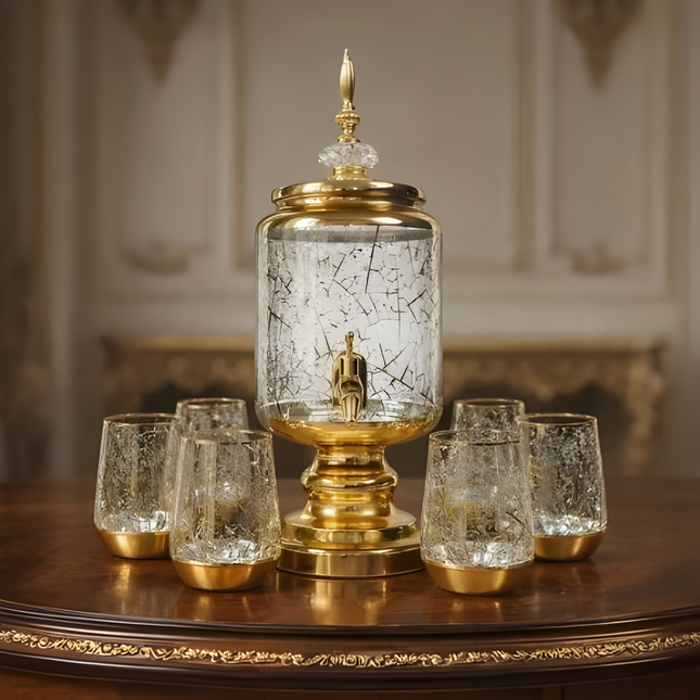 دسبنسر عصير مزهّب بزجاج كراكل + 6 أكواب