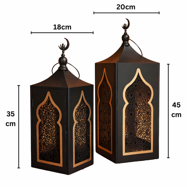 طقم فوانيس معدنية – لون أسود بإطار ذهبي (قطعتان)