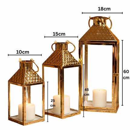 طقم فوانيس زجاج ومعدن مطلي ذهبي – 3 قطع (صغير/وسط/كبير)