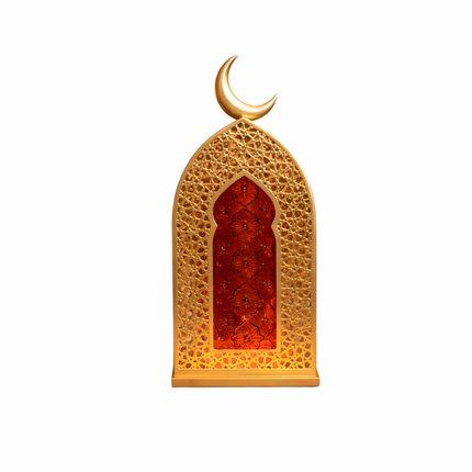 فانوس زخرفي ذهبي بهلال علوي وواجهة حمراء بنقش عربي