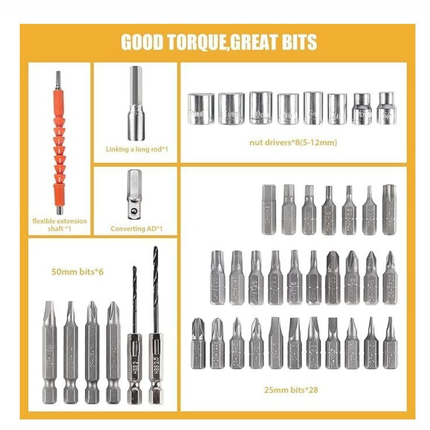 طقم مفك براغي كهربائي لاسلكي مع شنطة وملحقات متعددة (شحن USB)