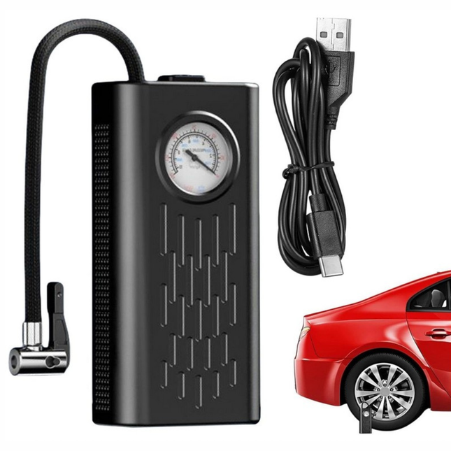 منفاخ هواء محمول قابل لإعادة الشحن بوصلة USB-C مع عدّاد ضغط تناظري – لإطارات السيارة/الدراجة والكرات